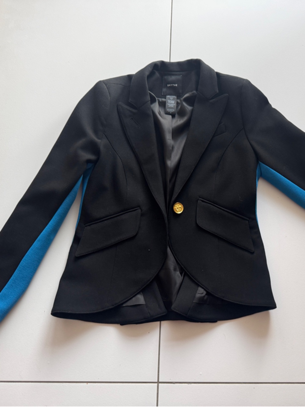 Smythe  one button Black  Tuxedo Blazer with Blue Sleeve Stripes - Picture 2 of 11